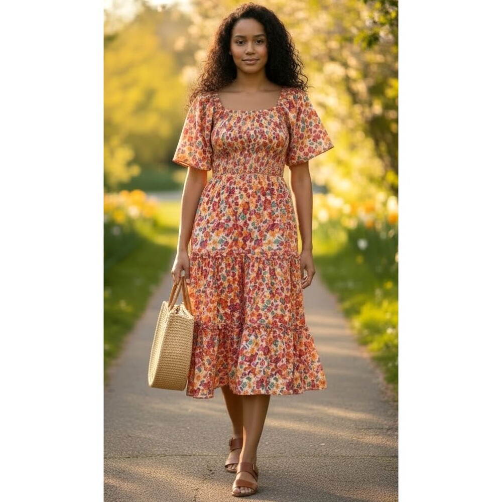 Smocked Floral Midi Dress Tiered Boho Flowy Lined No Size Tag Lillusory